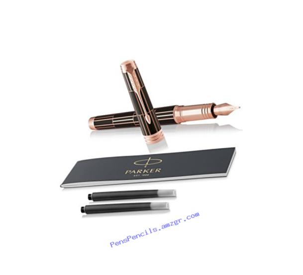 PARKER Premier Fountain Pen, Luxury Brown with Pink Gold Trim, Medium Nib with Black Ink Refill (1931398)