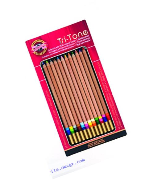 Koh-I-Noor Tri-Tone Multi-Colored Pencil Set, 12 Assorted Colors in Tin and Blister-Carded (FA33TIN12BC)